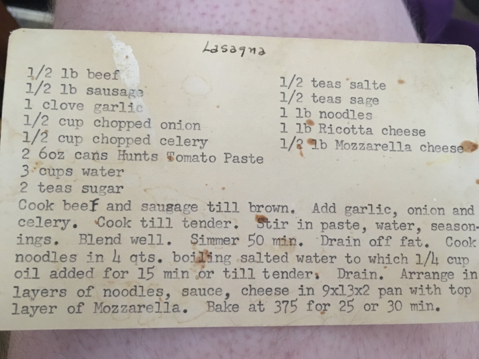 Lasagna Recipe Card